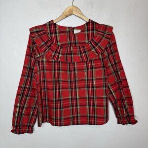 Crewcuts J Crew‎ Girls XL Ruffle Cotton Poplin Top Tartan Red Plaid Christmas